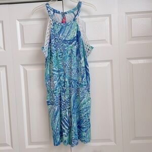 Crochet trim shorts romper with pockets - XL